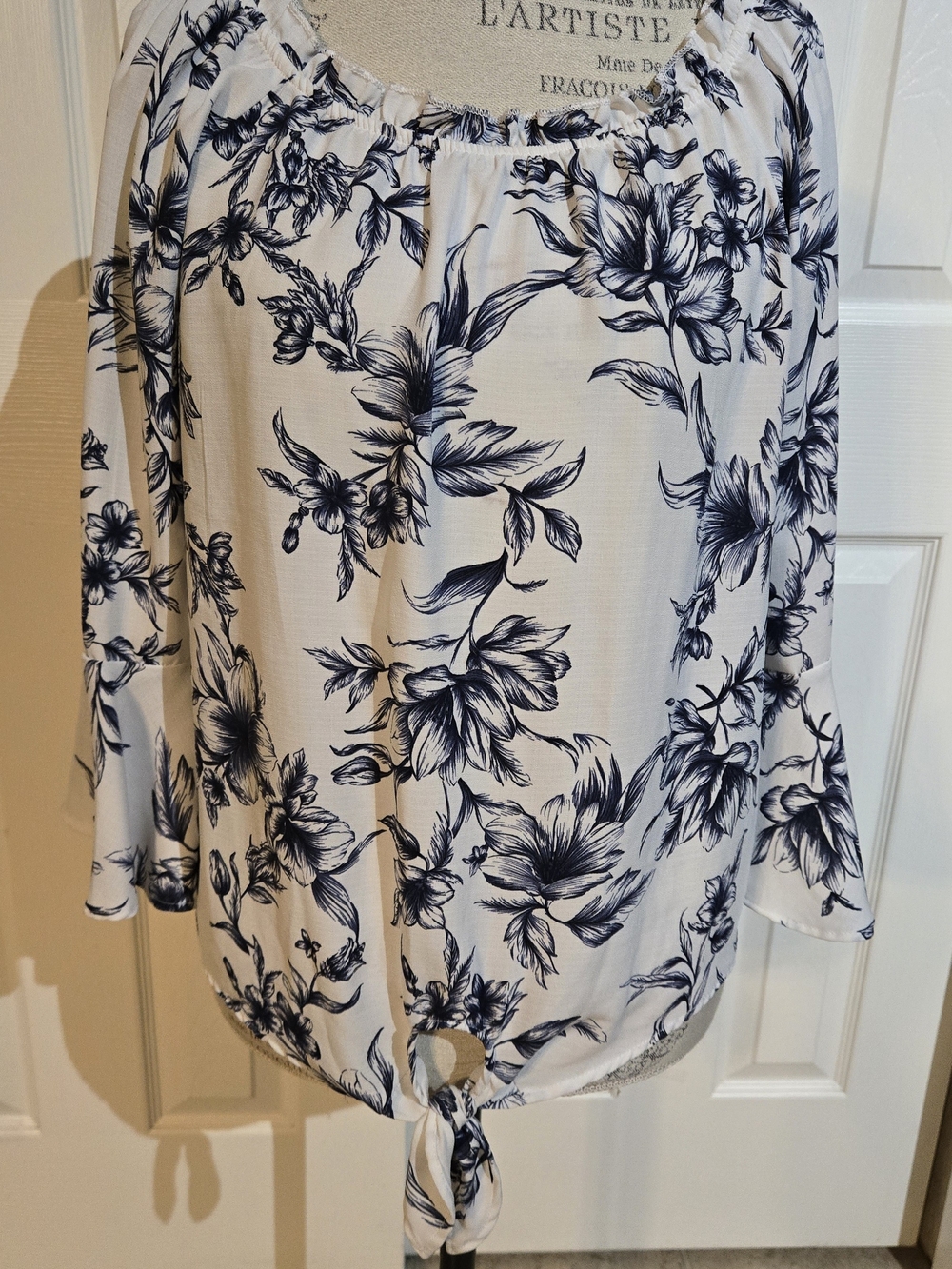 Bwear White Peasant Top with Navy Floral Tie-Hem